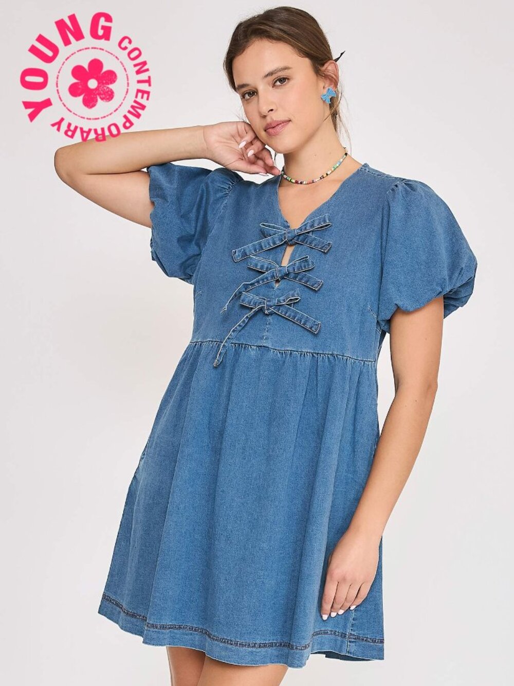 Cute Denim Mini Skirt with Front Bows